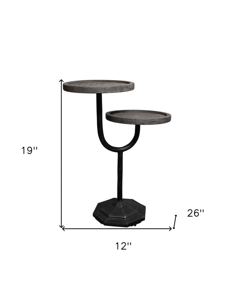19" Natural and Black Solid Wood and Iron Round Double Tray Top End Table