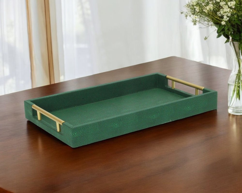 16" Green Wood Wood Faux Shagreen Serving Tray With Handles