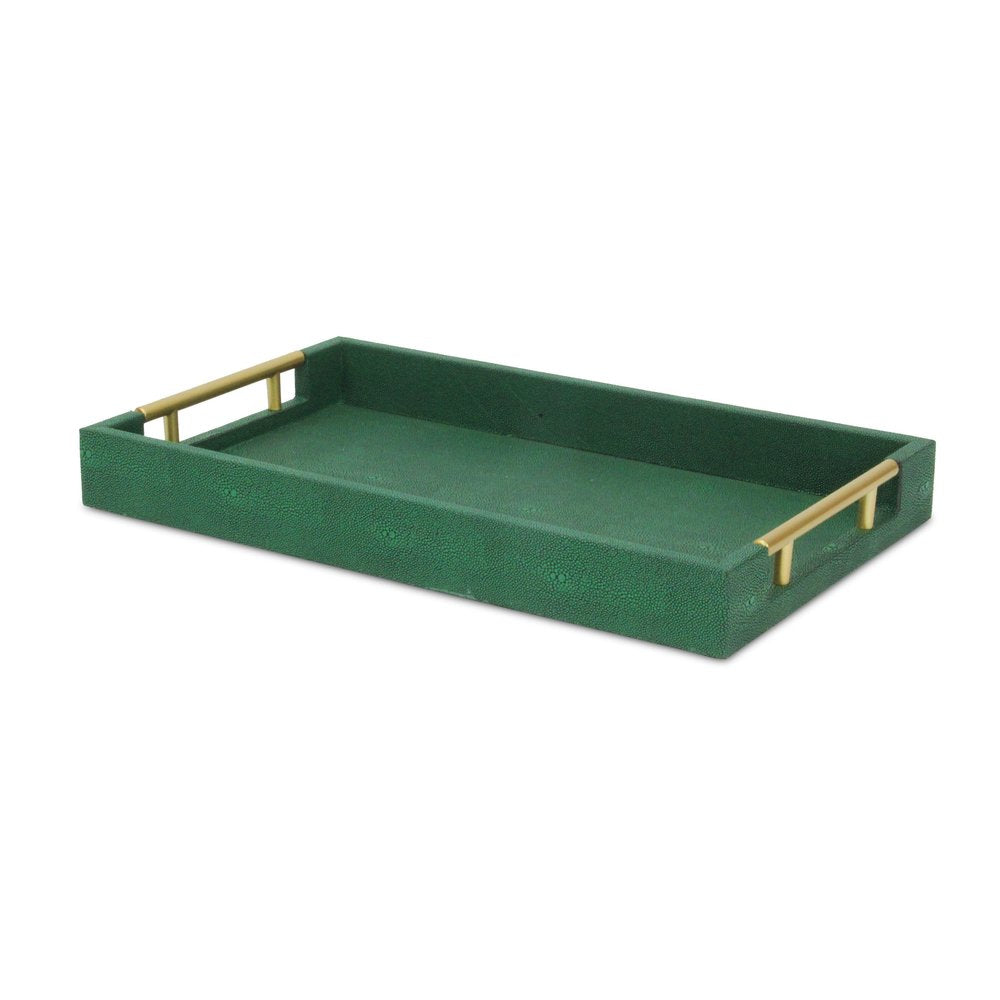 16" Green Wood Wood Faux Shagreen Serving Tray With Handles