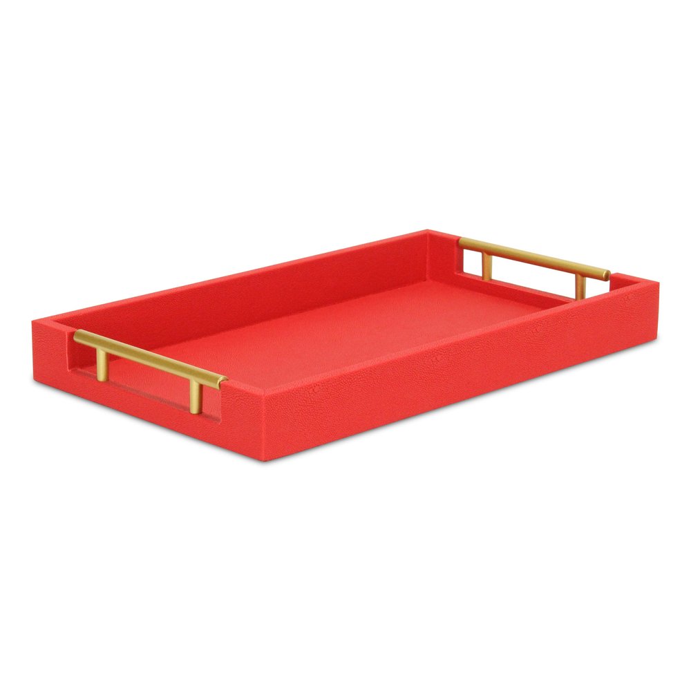 16" Red Wood and Vinyl Faux Shagreen Handmade Serving Tray With Handles