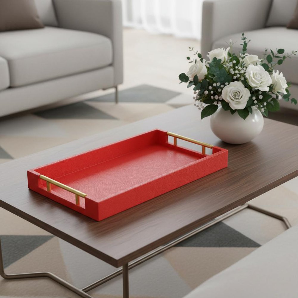 16" Red Wood and Vinyl Faux Shagreen Handmade Serving Tray With Handles