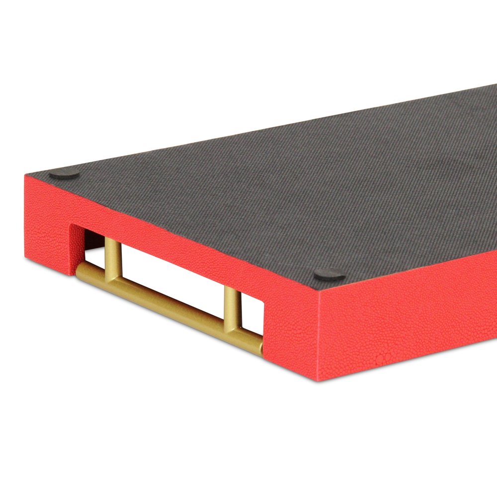16" Red Wood and Vinyl Faux Shagreen Handmade Serving Tray With Handles