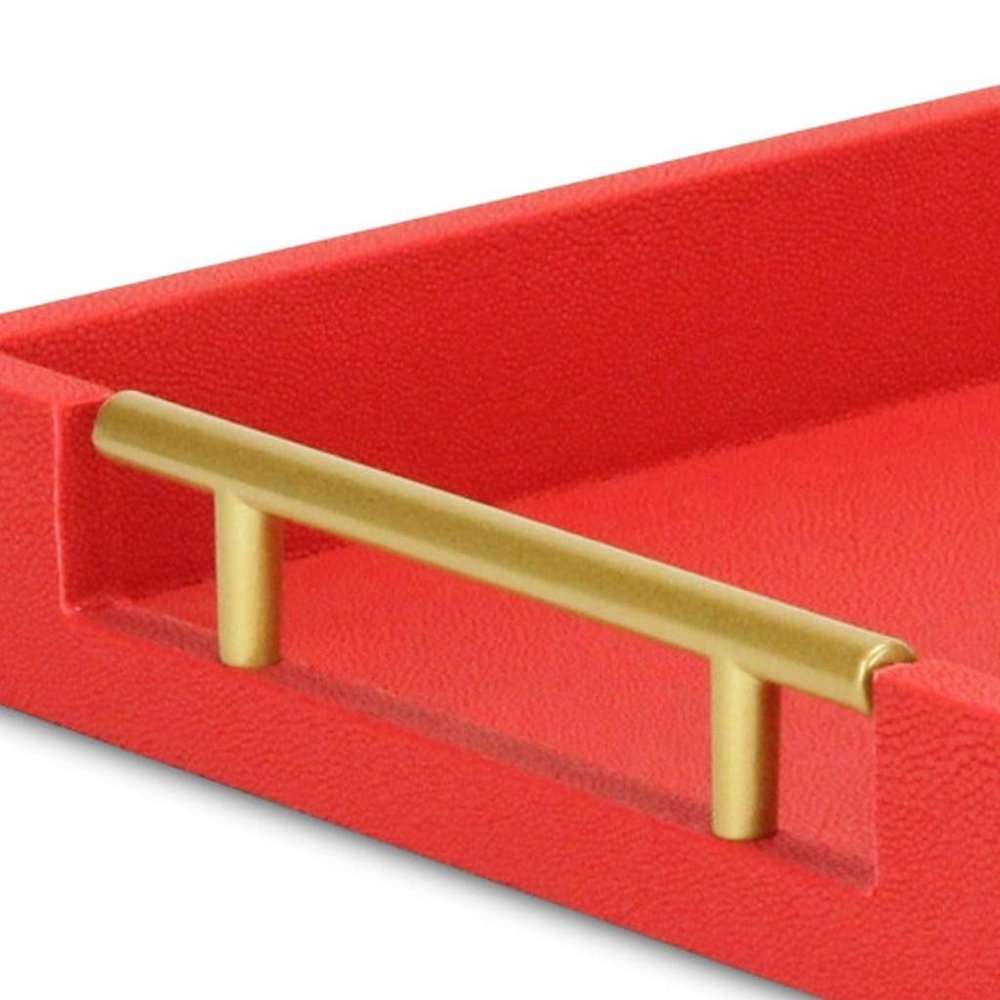 16" Red Wood and Vinyl Faux Shagreen Handmade Serving Tray With Handles