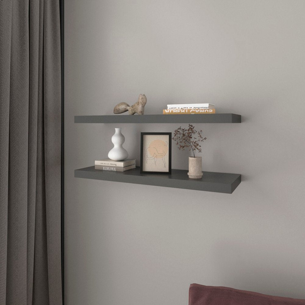 32" Set Of Two Dark Gray Wood Wall Mounted Floating Shelves