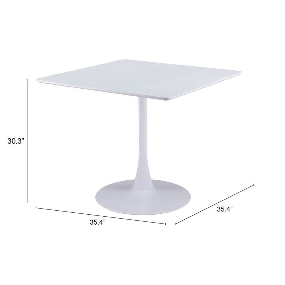 36" White Wood and Steel Pedestal Base Square Dining Table