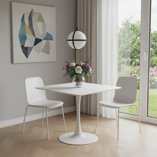 36" White Wood and Steel Pedestal Base Square Dining Table