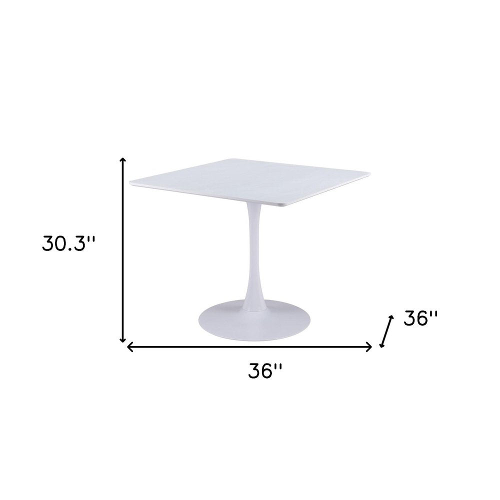 36" White Wood and Steel Pedestal Base Square Dining Table