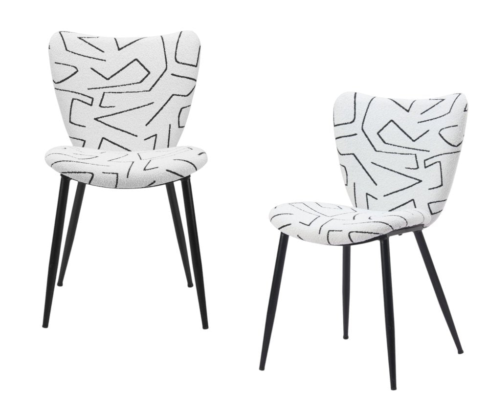 Set of Two White and Black Upholstered Faux Shearling Dining Side Chairs