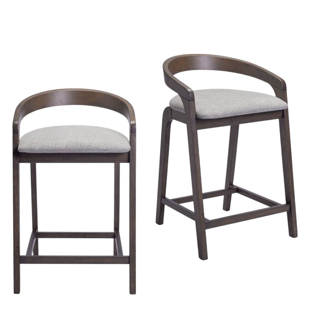 Set of Two 25" Gray and Espresso Fabric and Solid Wood Low Back Counter Height Bar Chairs