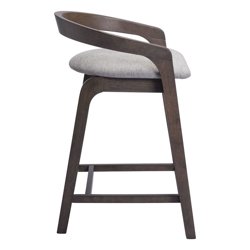 Set of Two 25" Gray And Espresso Fabric And Solid Wood Low Back Counter Height Bar Chairs
