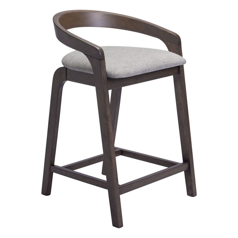 Set of Two 25" Gray And Espresso Fabric And Solid Wood Low Back Counter Height Bar Chairs