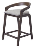 Set of Two 25" Gray And Espresso Fabric And Solid Wood Low Back Counter Height Bar Chairs