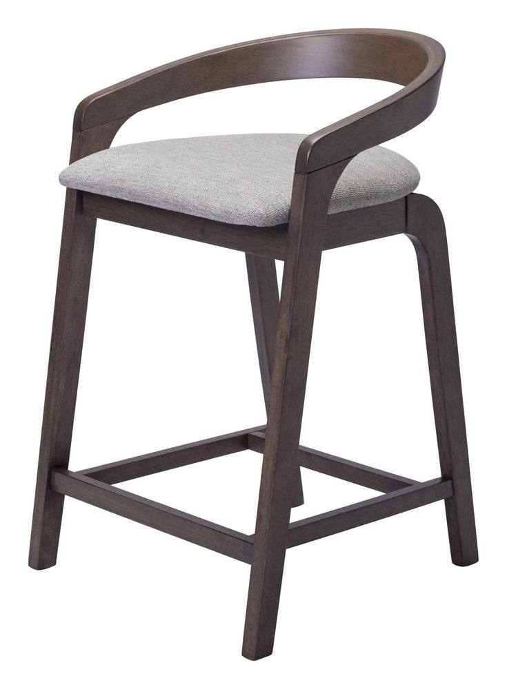 Set of Two 25" Gray And Espresso Fabric And Solid Wood Low Back Counter Height Bar Chairs