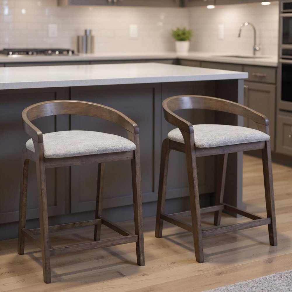 Set of Two 25" Gray And Espresso Fabric And Solid Wood Low Back Counter Height Bar Chairs