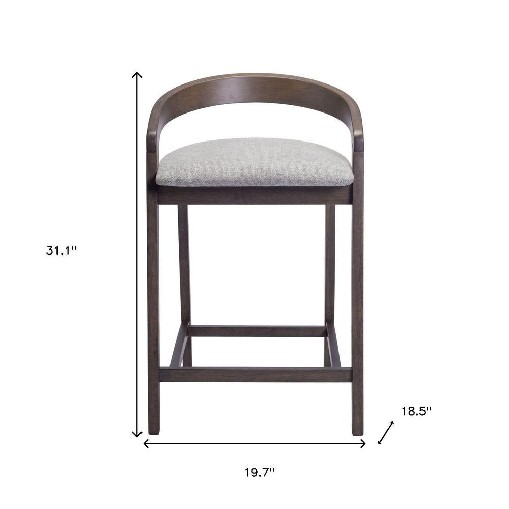 Set of Two 25" Gray And Espresso Fabric And Solid Wood Low Back Counter Height Bar Chairs