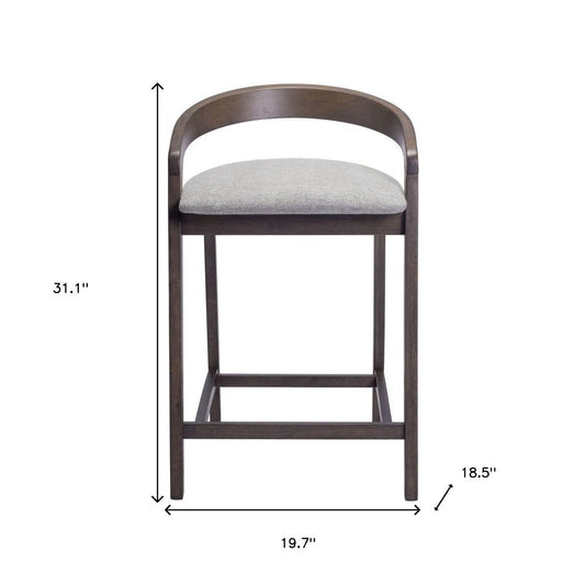 Set of Two 25" Gray And Espresso Fabric And Solid Wood Low Back Counter Height Bar Chairs
