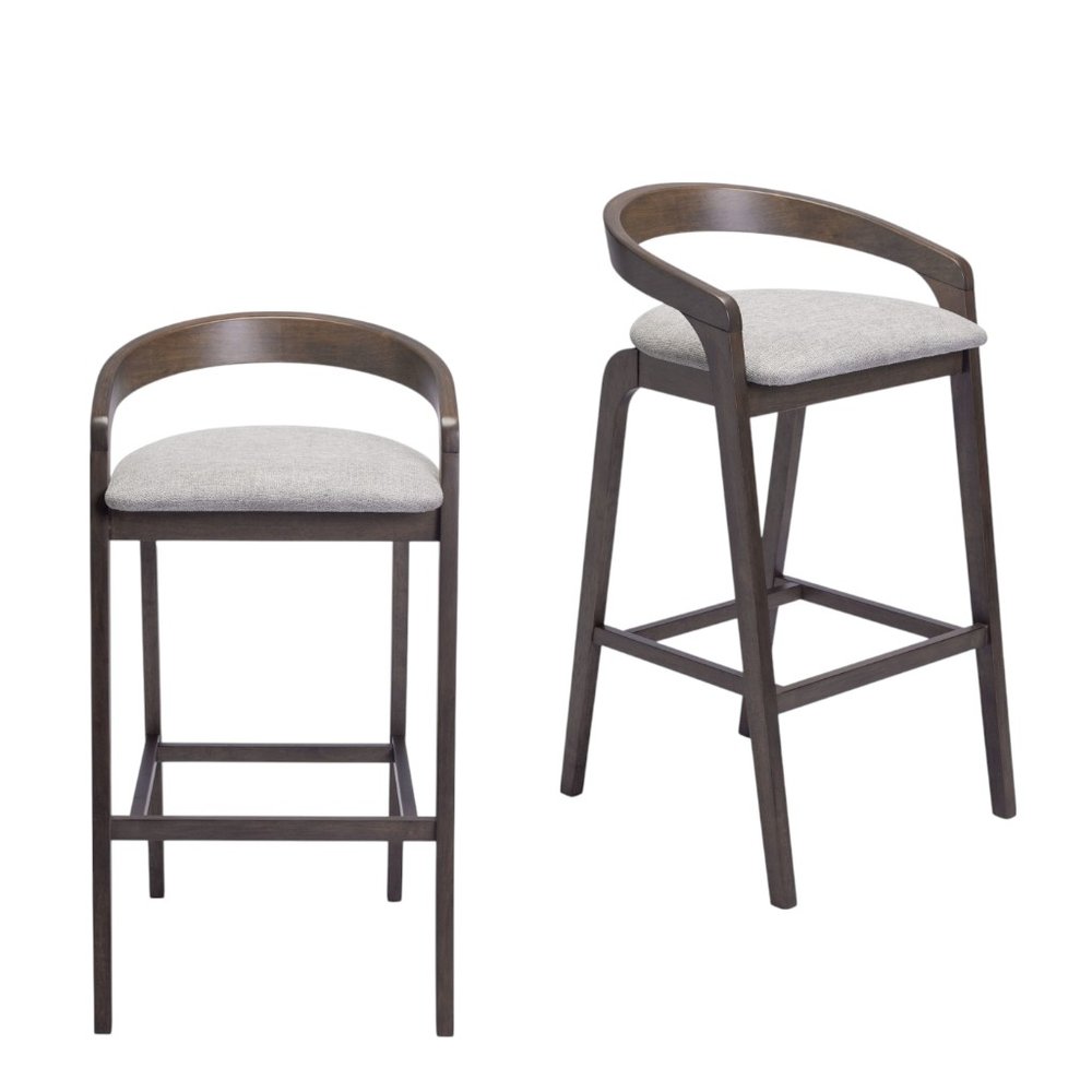 Set of Two 31" Gray and Espresso Fabric and Solid Wood Low Back Bar Height Bar Chairs