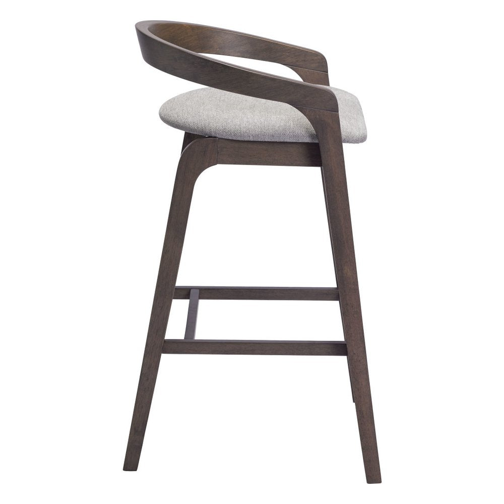 Set of Two 31" Gray And Espresso Fabric And Solid Wood Low Back Bar Height Bar Chairs