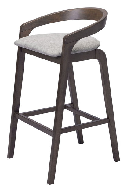 Set of Two 31" Gray and Espresso Fabric and Solid Wood Low Back Bar Height Bar Chairs