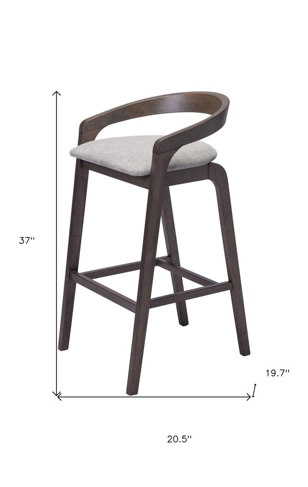 Set of Two 31" Gray and Espresso Fabric and Solid Wood Low Back Bar Height Bar Chairs