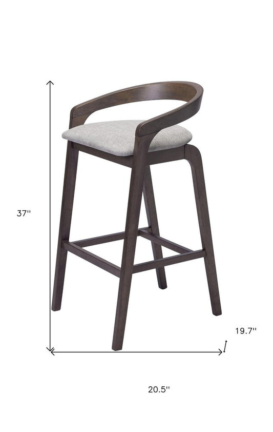 Set of Two 31" Gray And Espresso Fabric And Solid Wood Low Back Bar Height Bar Chairs