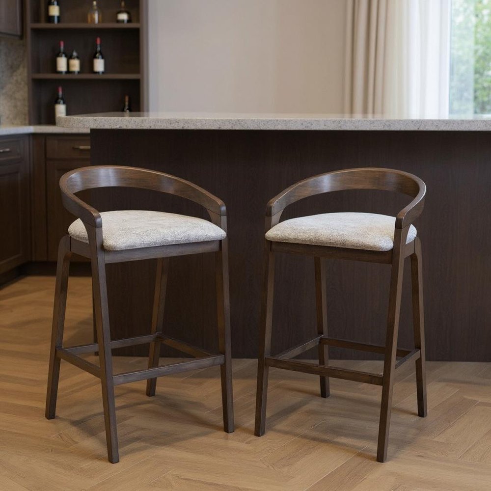 Set of Two 31" Gray and Espresso Fabric and Solid Wood Low Back Bar Height Bar Chairs