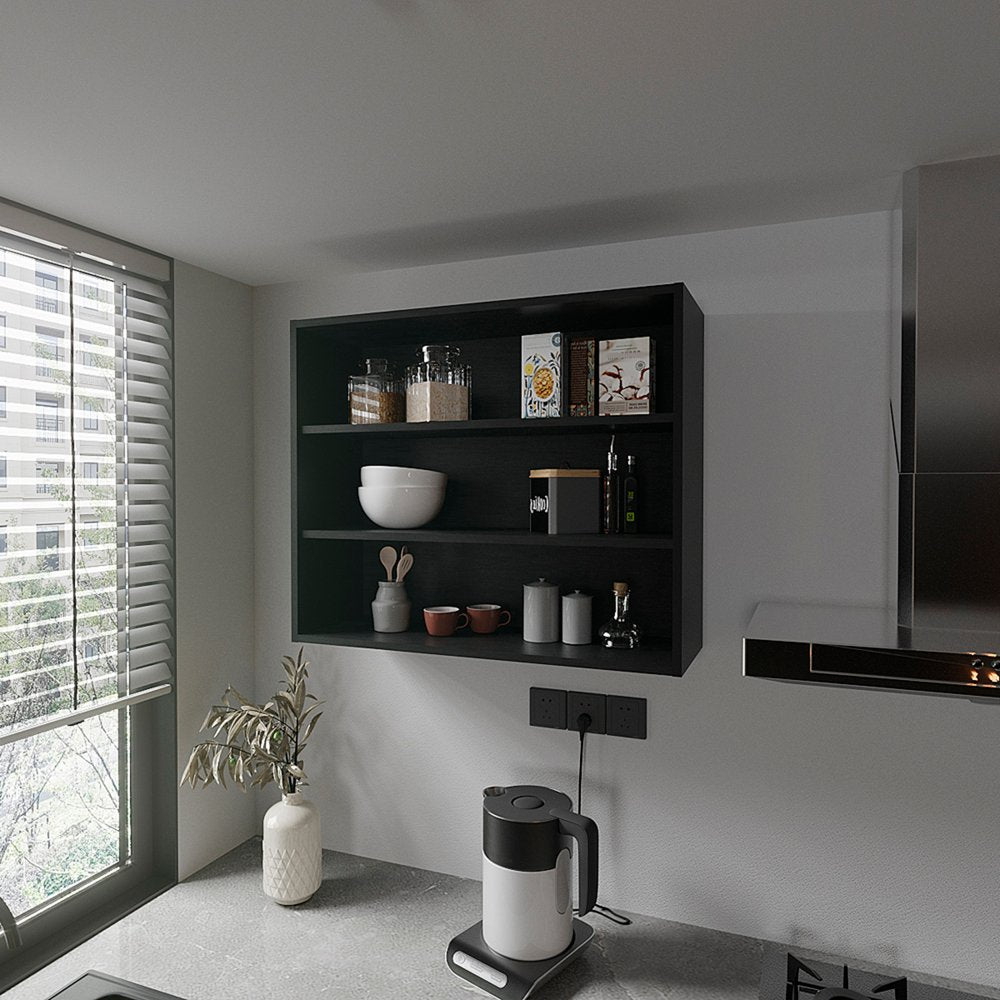 36" Black Wood Three Tier Wall Mounted Floating Shelf