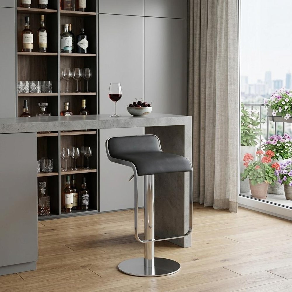 Black and Silver Faux Leather and Steel Adjustable Height Swivel Bar Chair