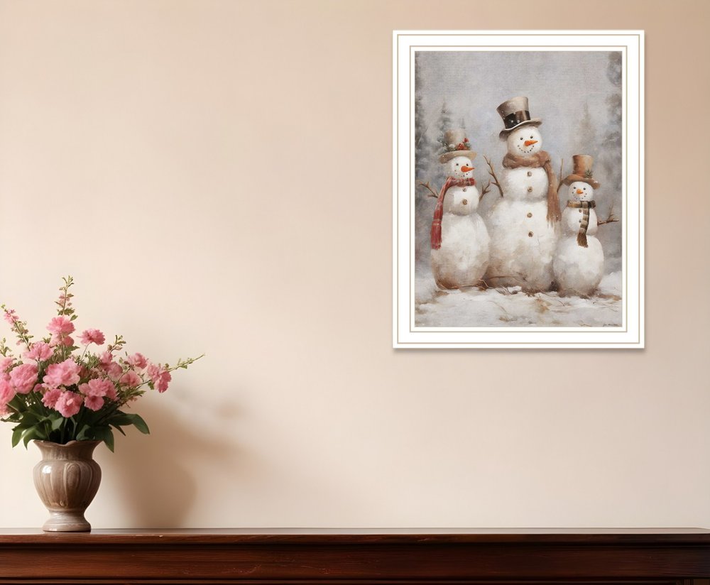 Snowman Trio White Framed Wall Art