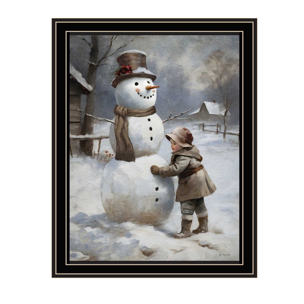 Boy Building A Snowman Black Framed Wall Art