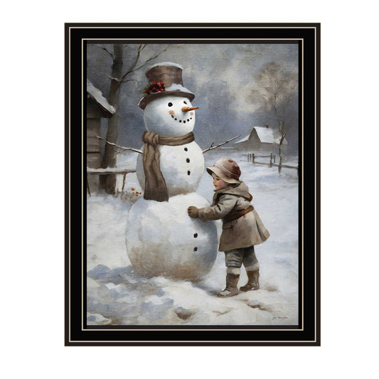 Boy Building A Snowman Black Framed Wall Art