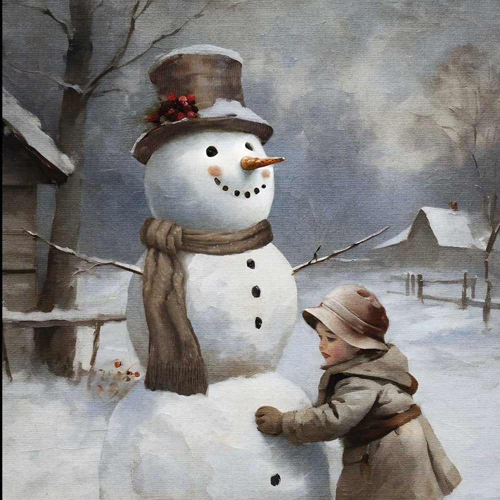 Boy Building A Snowman Black Framed Wall Art