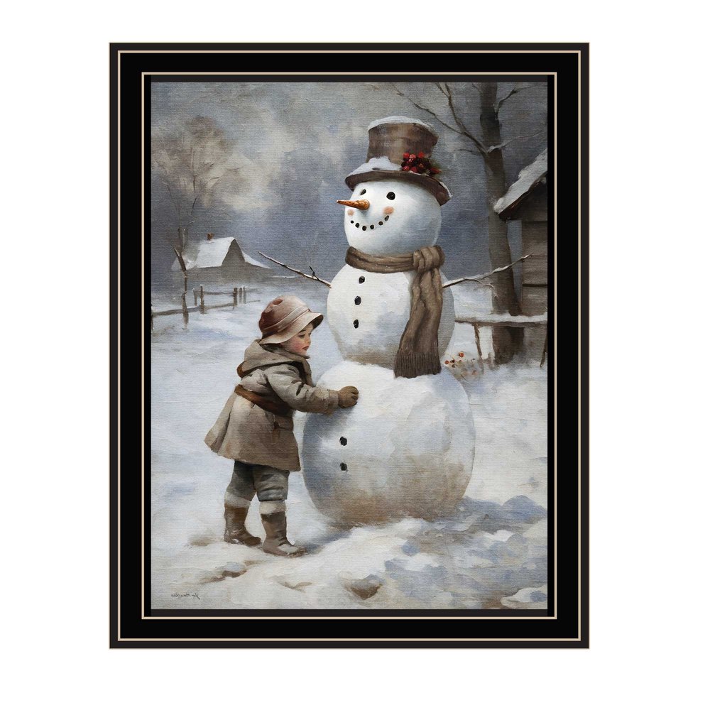 Boy Building A Snowman Black Framed Wall Art