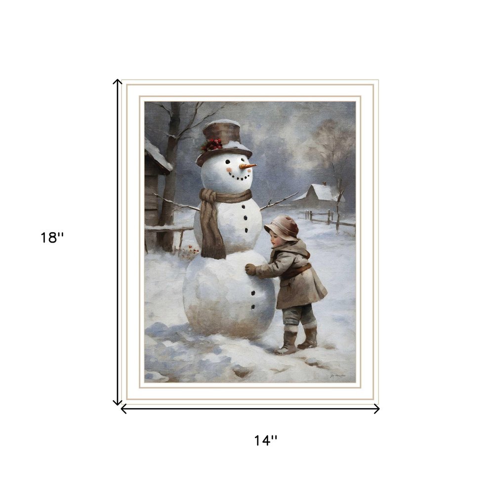 Boy Building A Snowman White Framed Wall Art