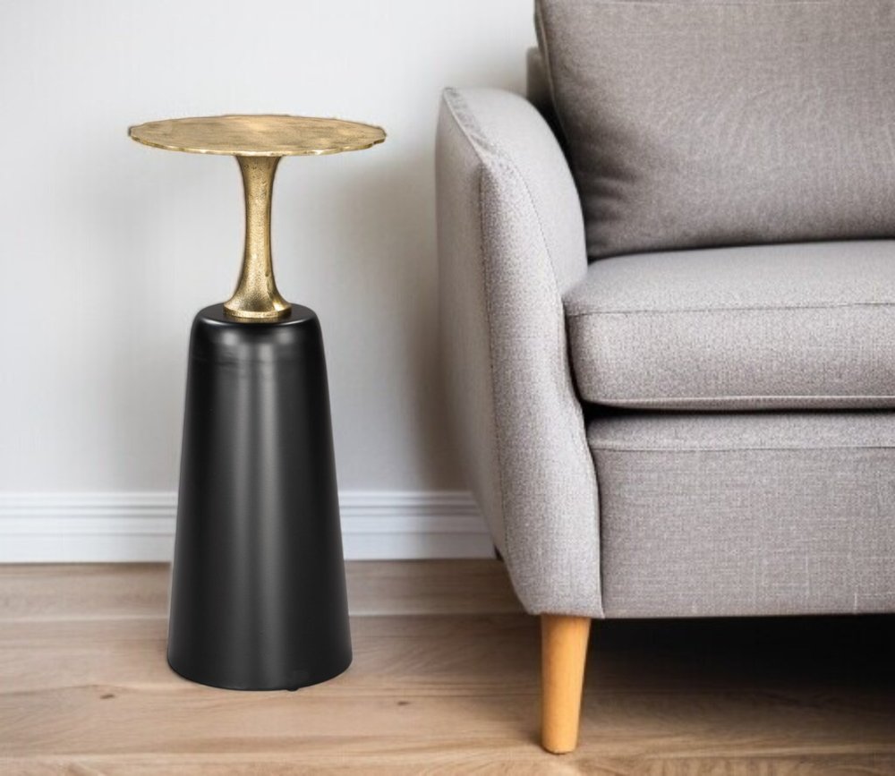 26" Gold and Black Aluminum and Iron Round Pedestal End Table