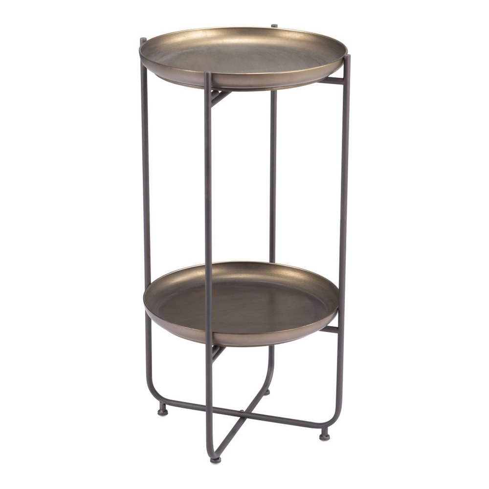 32" Bronze And Gray Steel Round Pedestal End Table