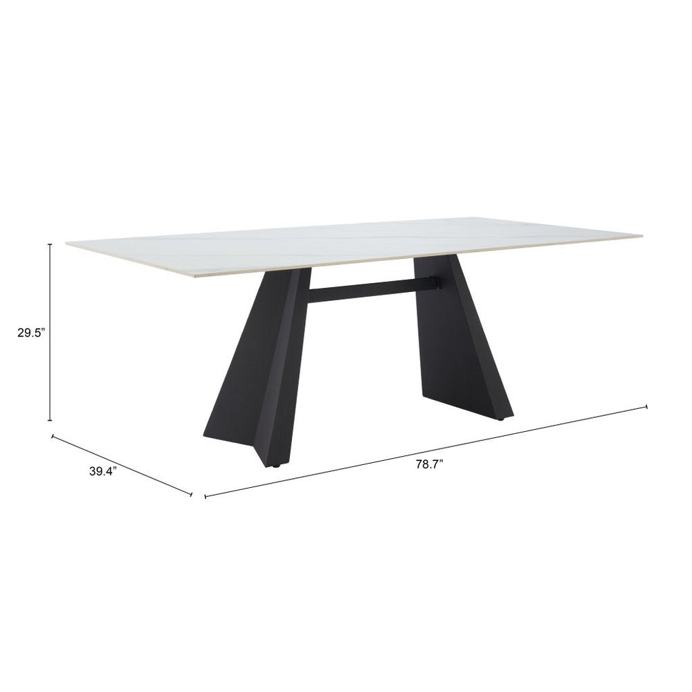 79" White and Black Sintered Stone and Steel Double Pedestal Base Dining Table