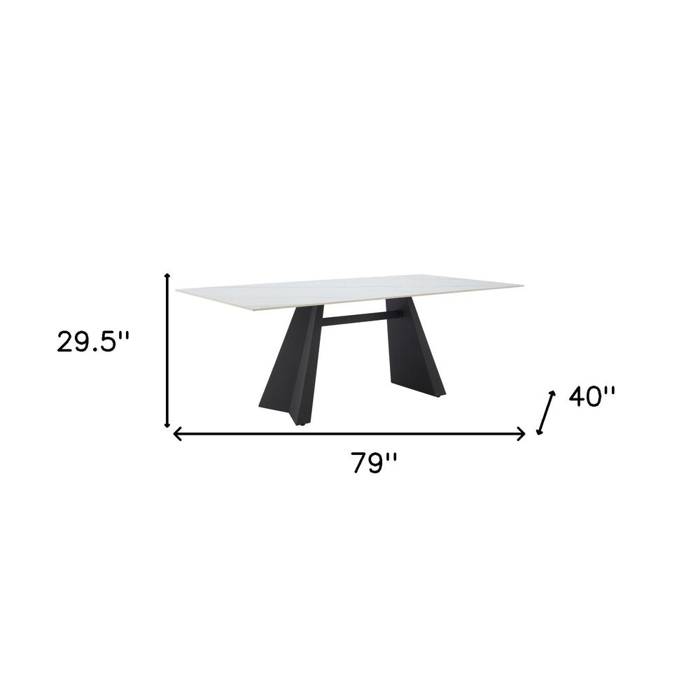 79" White and Black Sintered Stone and Steel Double Pedestal Base Dining Table