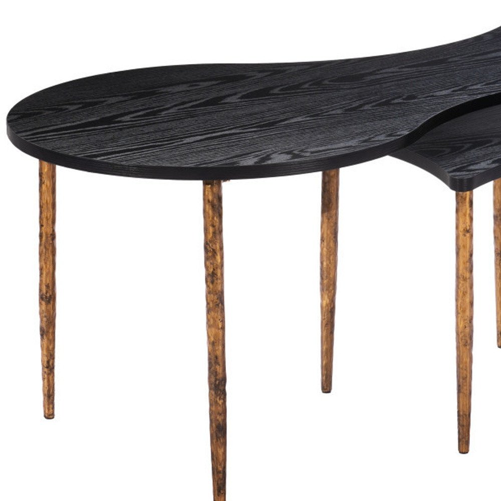 Set of Two Black and Bronze Wood and Steel Free Form Coffee And End Table