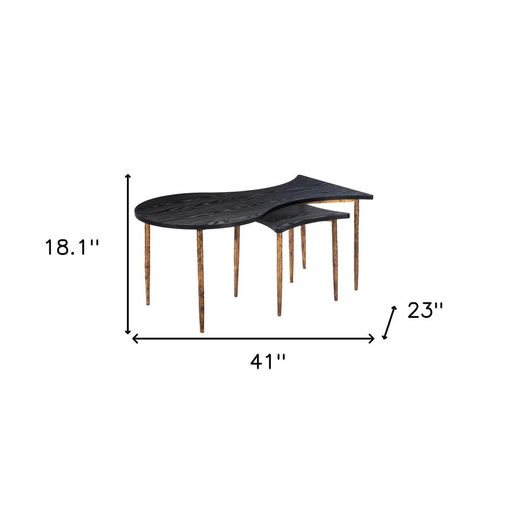 Set of Two Black and Bronze Wood and Steel Free Form Coffee And End Table