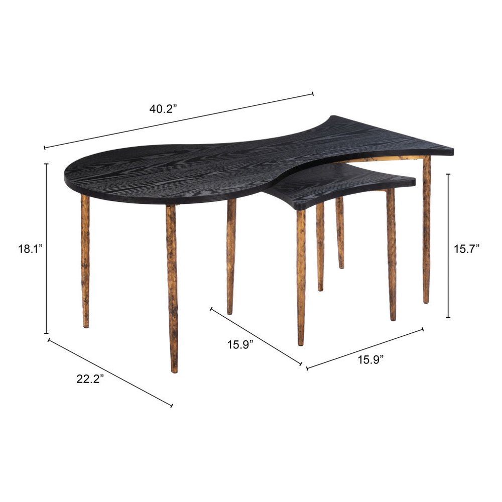Set of Two Black and Bronze Wood and Steel Free Form Coffee And End Table