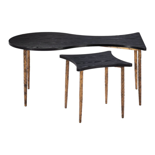 Set of Two Black and Bronze Wood and Steel Free Form Coffee And End Table