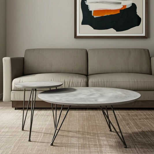 Set of Two Gray and Black Wood and Steel Round Nested Coffee Tables