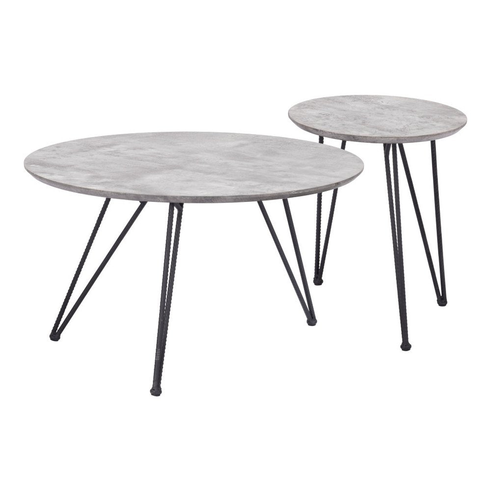 Set of Two Gray and Black Wood and Steel Round Nested Coffee Tables