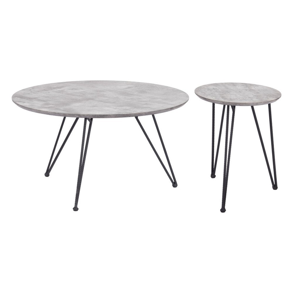 Set of Two Gray and Black Wood and Steel Round Nested Coffee Tables