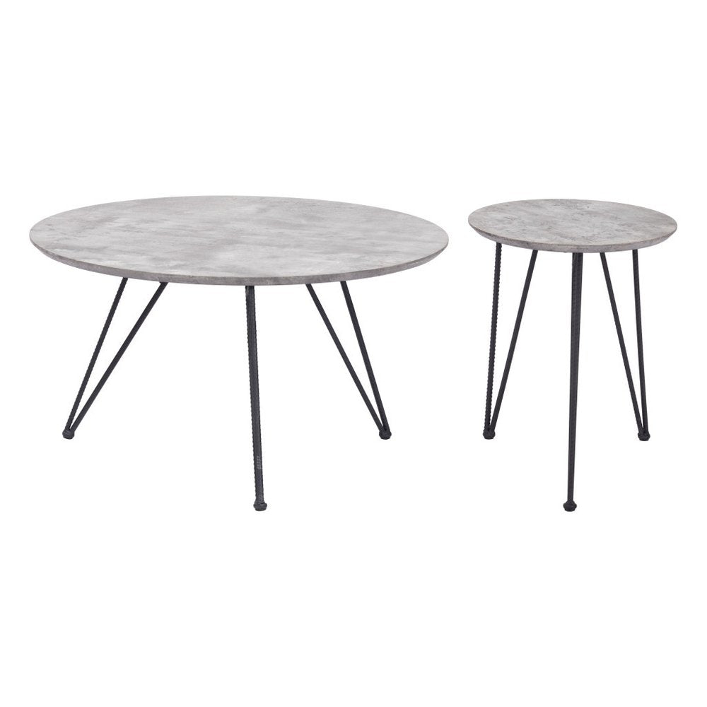 Set of Two Gray and Black Wood and Steel Round Nested Coffee Tables