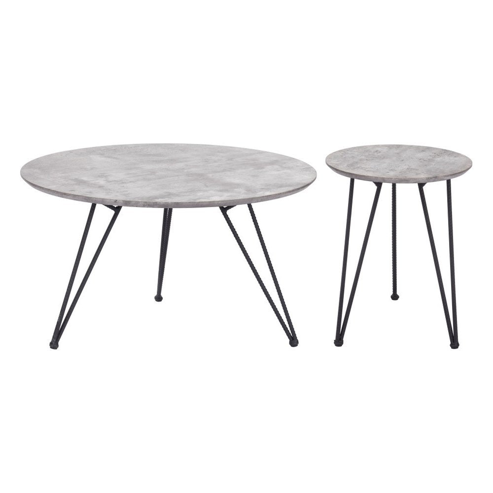 Set of Two Gray and Black Wood and Steel Round Nested Coffee Tables