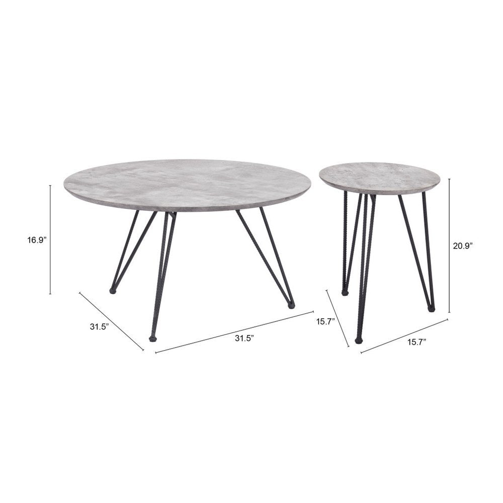 Set of Two Gray and Black Wood and Steel Round Nested Coffee Tables