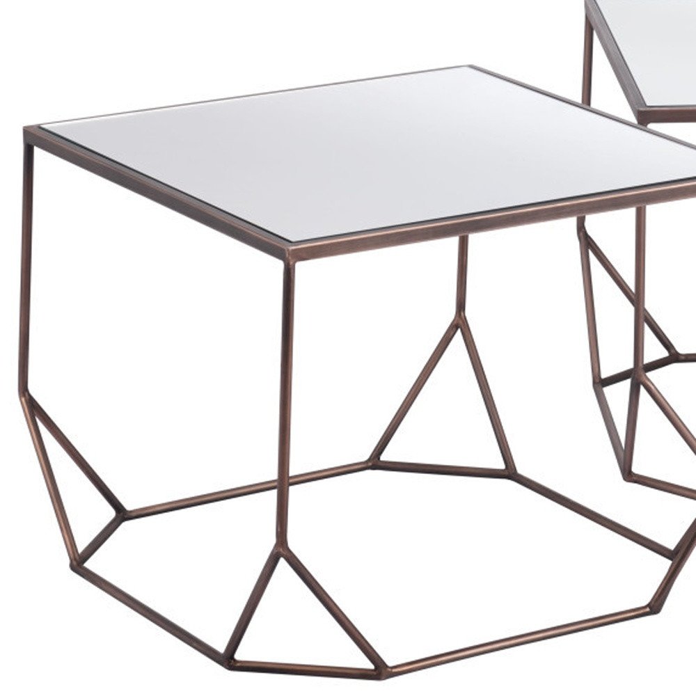 Set of Two Silver and Bronze Mirrored Glass and Steel Square Abstract Bunching Coffee Tables