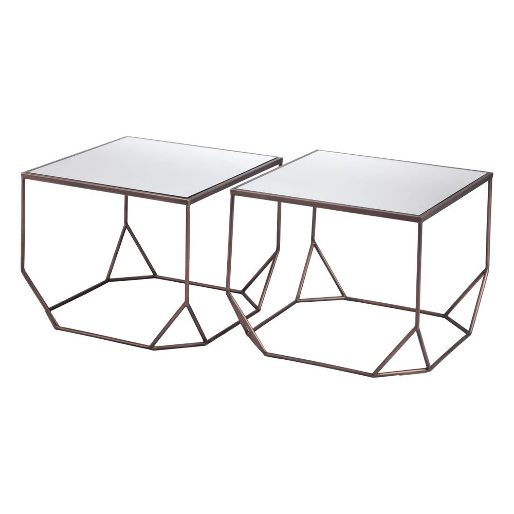 Set of Two Silver and Bronze Mirrored Glass and Steel Square Abstract Bunching Coffee Tables